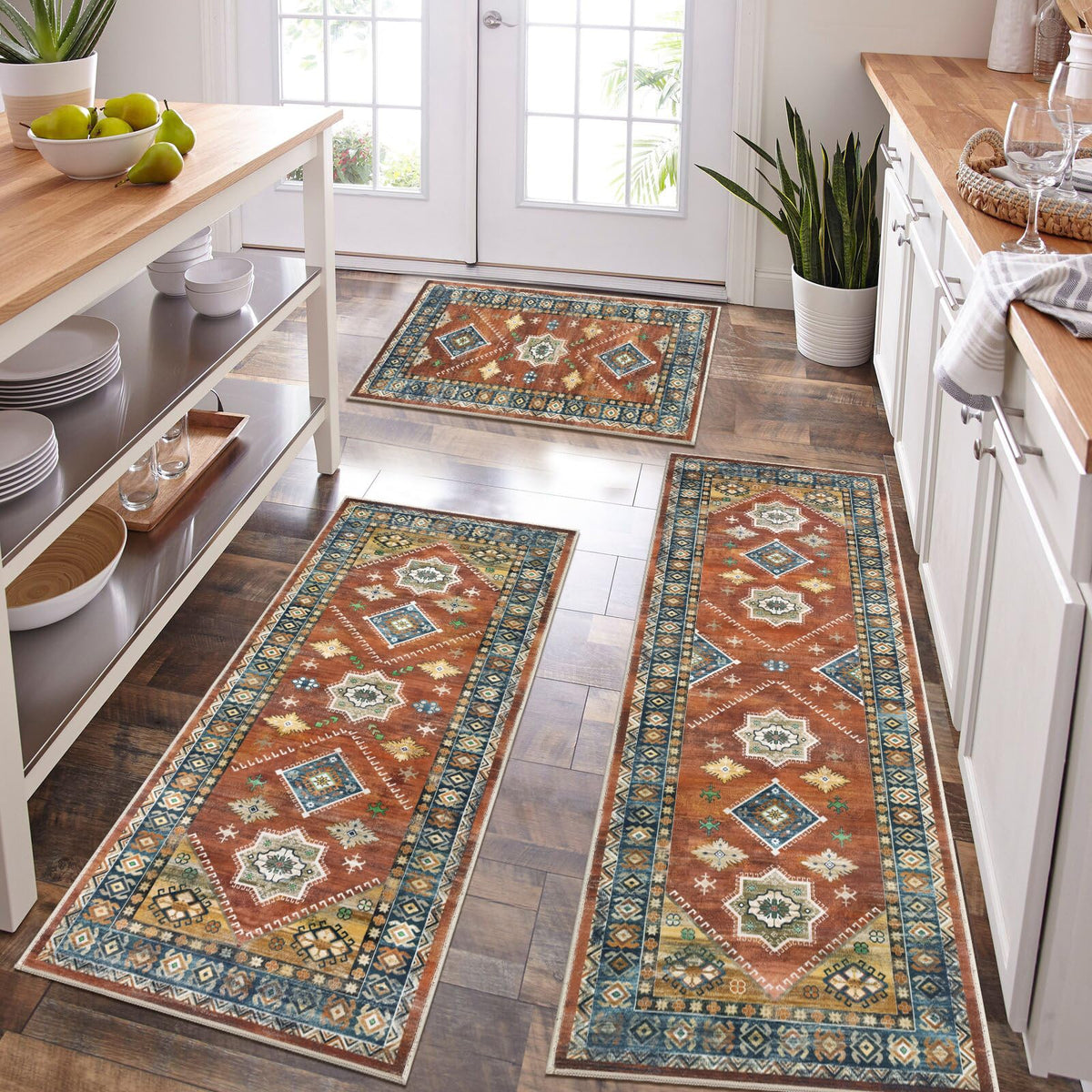 HEBE Boho Non-Slip Washable Kitchen Rugs, 3-Piece Set