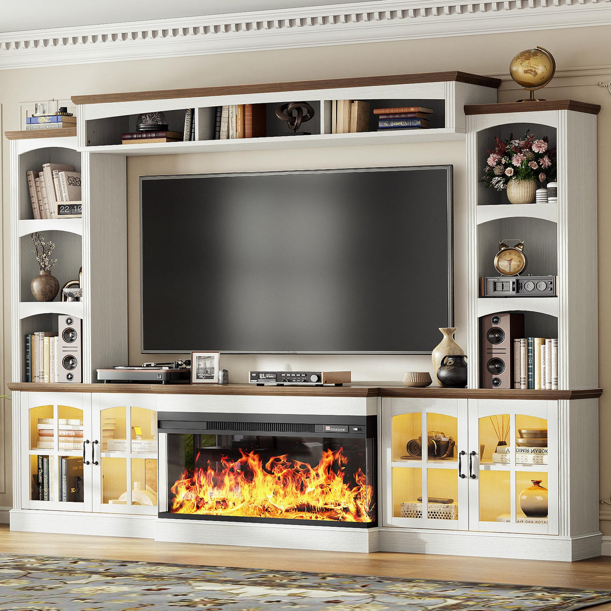OneBlis 98" Farmhouse TV Stand with 36" Electric Fireplace, Bookshelves, Fits 75" TVs, Entertainment Center with Storage Cabinet, Large Wall Unit Media Console for Living Room, White