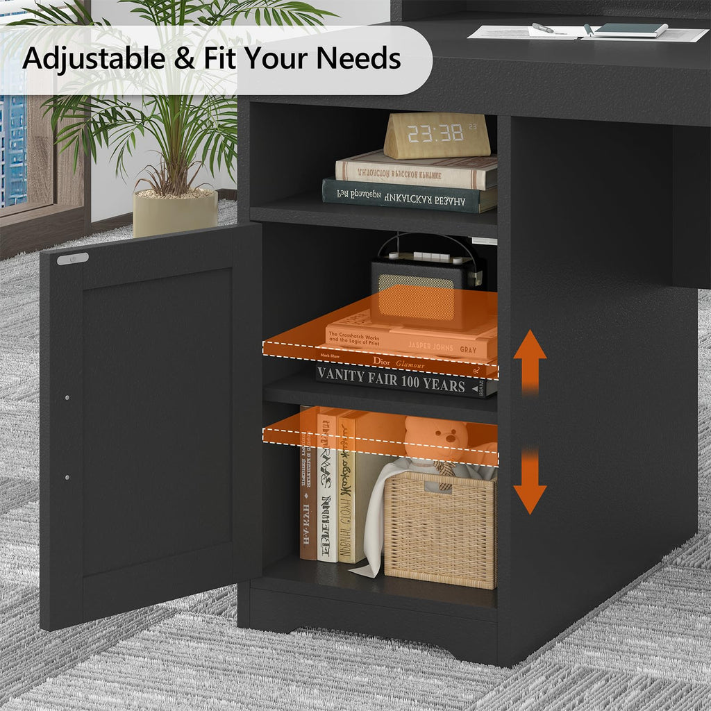 TVU Farmhouse Computer Desk with Drawers, 65'' Home Office Desk with Power Outlets, Storage Cabinet and Printer Stand, Study Writing Desks with Long Monitor Stand, White