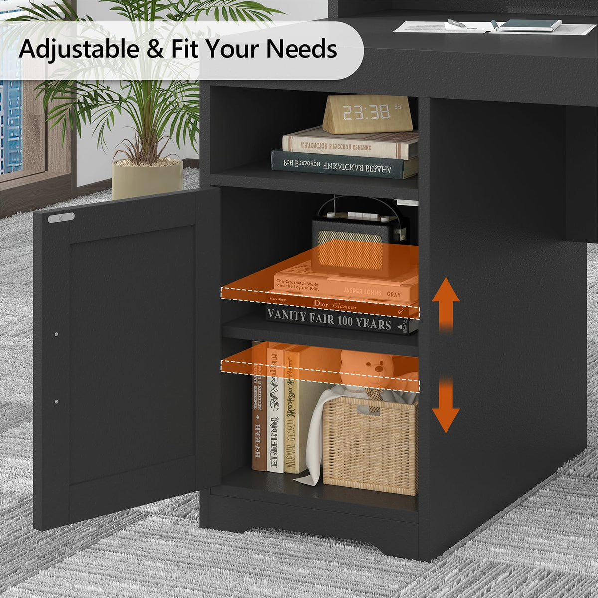TVU Farmhouse Computer Desk with Drawers, 65'' Home Office Desk with Power Outlets, Storage Cabinet and Printer Stand, Study Writing Desks with Long Monitor Stand, White
