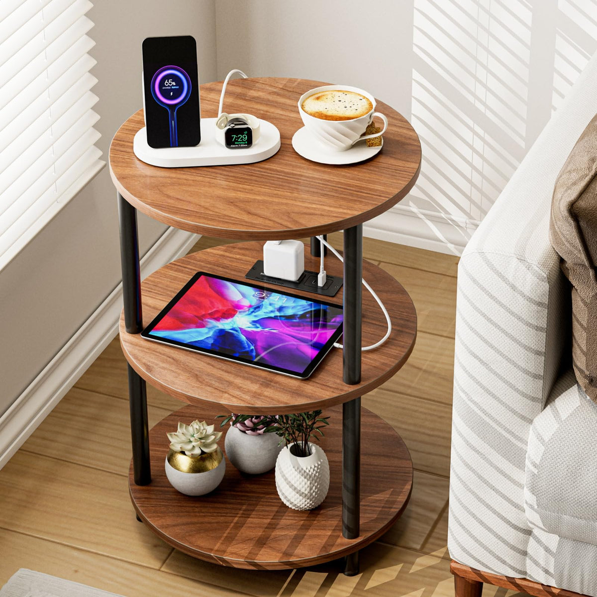 XBurmo Small Round End Table - 3 Tier Design Accent Table, Narrow Side or Bedside Stand, Industrial Vintage Nightstand for Bedroom, Living Room, or Small Spaces