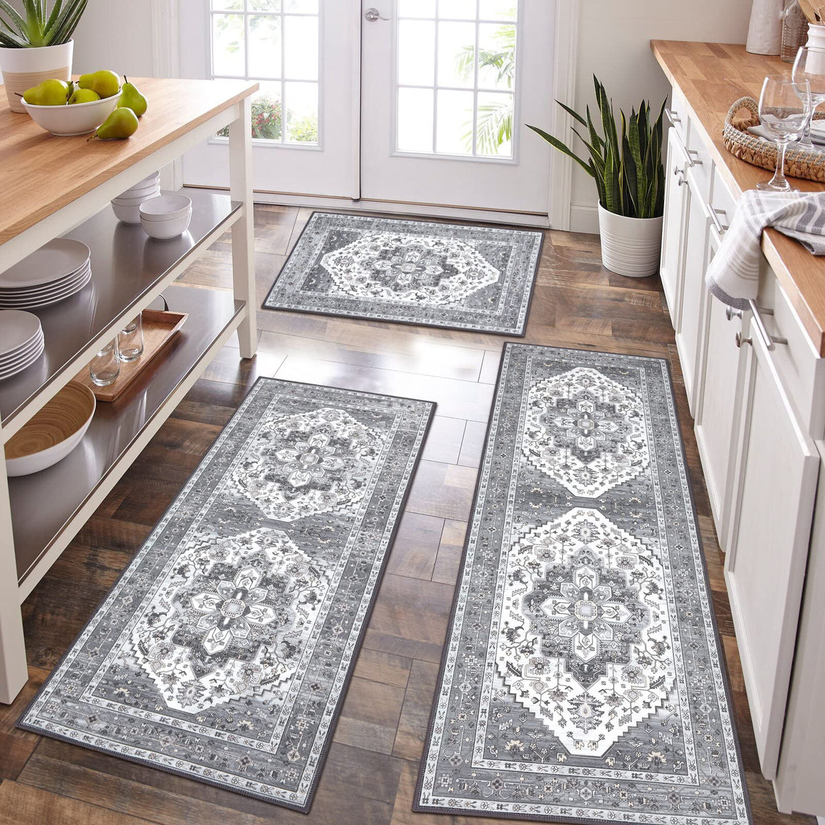HEBE Boho Non-Slip Washable Kitchen Rugs, 3-Piece Set