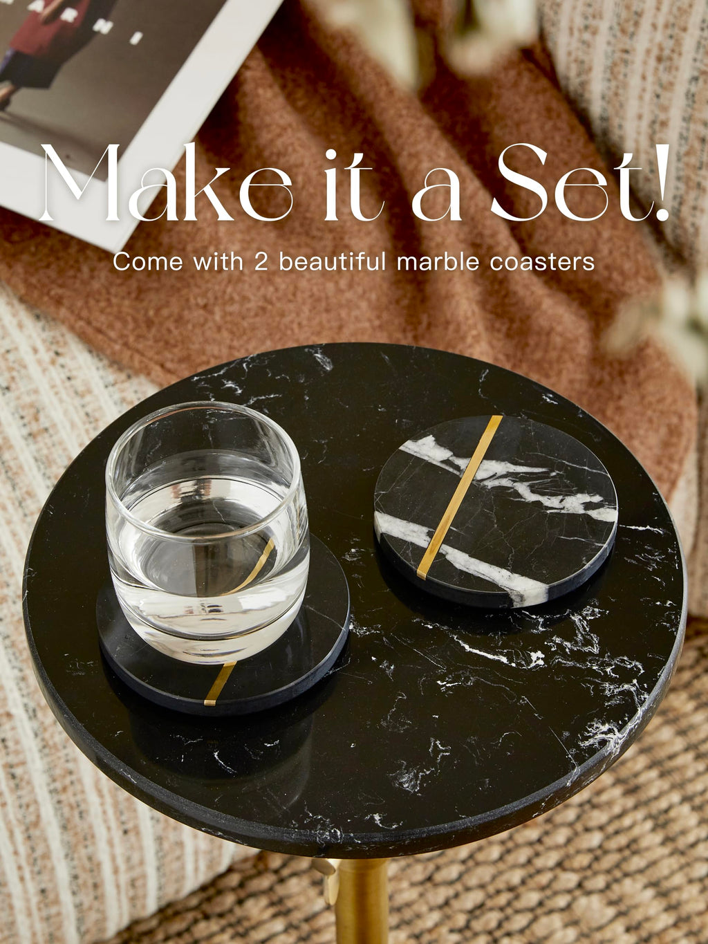 Adjustable 10" White Marble Drink Table with 2 Coasters, Antique Brass⁠