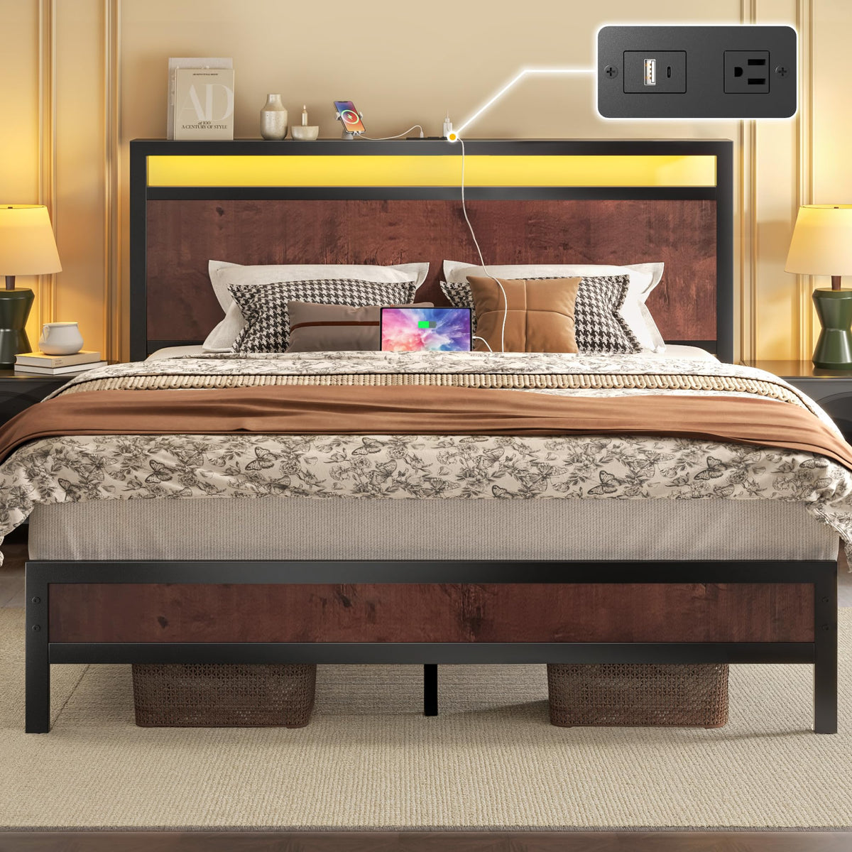Fluest Bed Frame with Headboard, Metal Platform Bed Frame with High Bookcase Headboard, 4 Storage Drawers & Charging Station & LED, Noise-Free, NO Box Spring Needed