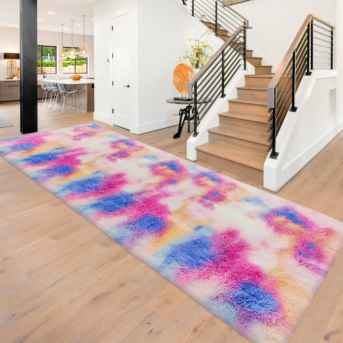 JiaoBaba Rainbow Tie-Dye Fluffy Area Rug for Kids