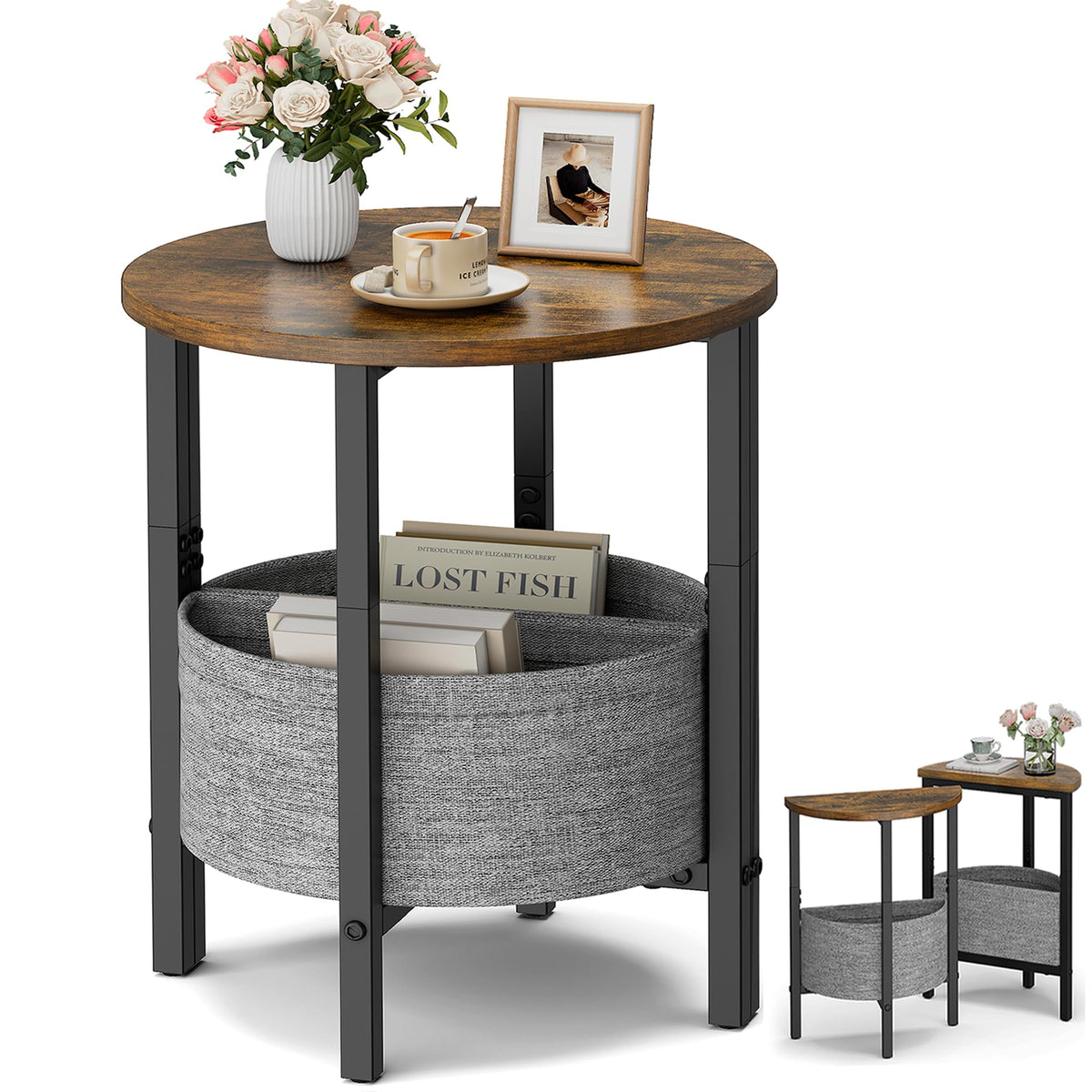 VAGUSICC Side Table, Small Round End Table with Fabric Basket, Set of 2 Half Round Side Table Half Moon Tables, Round Accent Coffee Table, Tea Sofa Table Nightstand for Living Room Bedroom Small Space