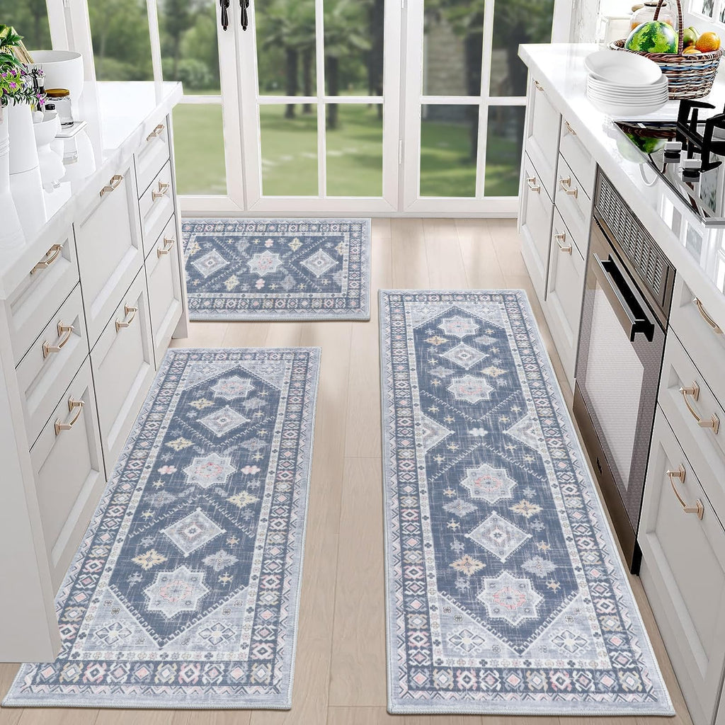 HEBE Boho Non-Slip Washable Kitchen Rugs, 3-Piece Set