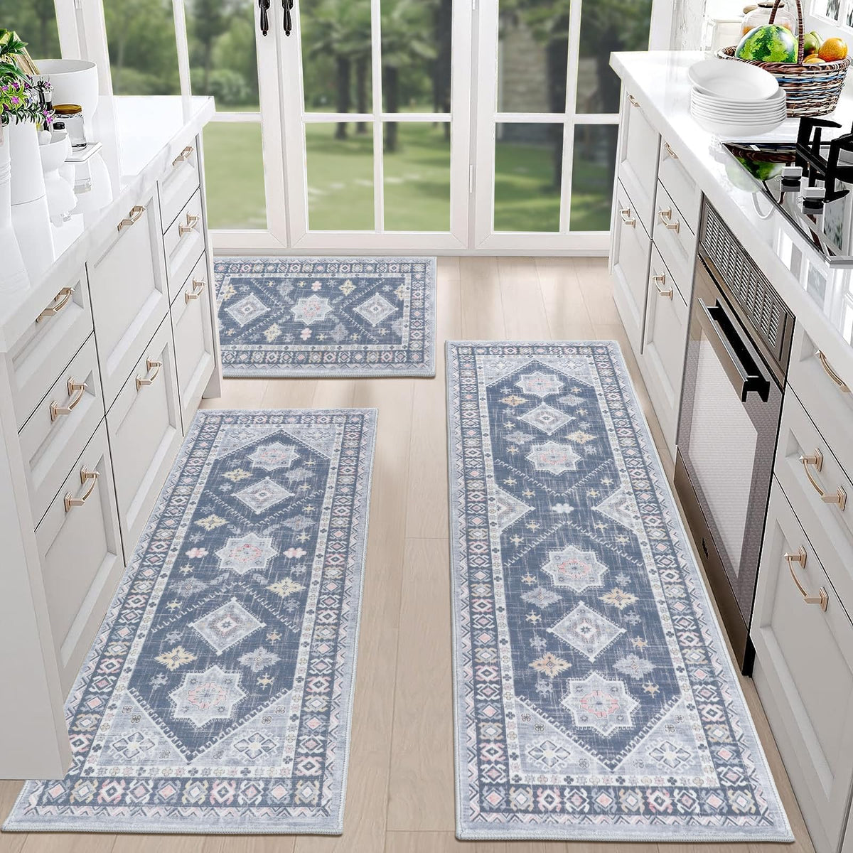 HEBE Boho Non-Slip Washable Kitchen Rugs, 3-Piece Set