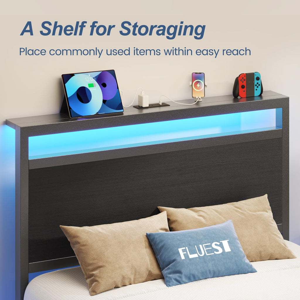 Fluest Bed Frame with Headboard, Metal Platform Bed Frame with High Bookcase Headboard, 4 Storage Drawers & Charging Station & LED, Noise-Free, NO Box Spring Needed