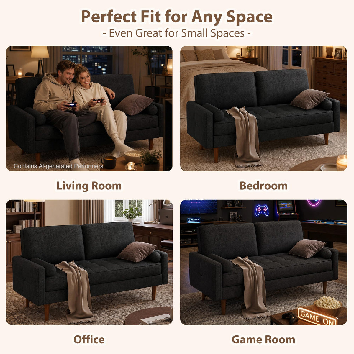 HIFIT 58" Loveseat Sofa Couch, Mid Century Modern Faux Leather Couch, Brown