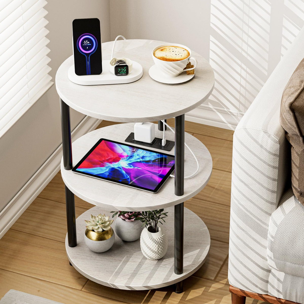 XBurmo Small Round End Table - 3 Tier Design Accent Table, Narrow Side or Bedside Stand, Industrial Vintage Nightstand for Bedroom, Living Room, or Small Spaces