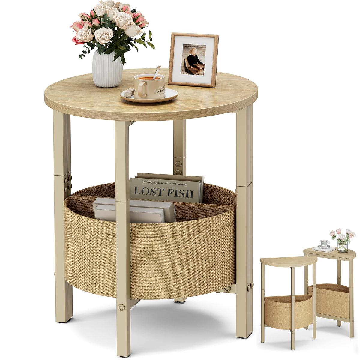 VAGUSICC Side Table, Small Round End Table with Fabric Basket, Set of 2 Half Round Side Table Half Moon Tables, Round Accent Coffee Table, Tea Sofa Table Nightstand for Living Room Bedroom Small Space