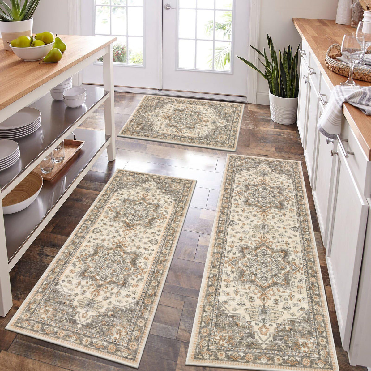 HEBE Boho Non-Slip Washable Kitchen Rugs, 3-Piece Set