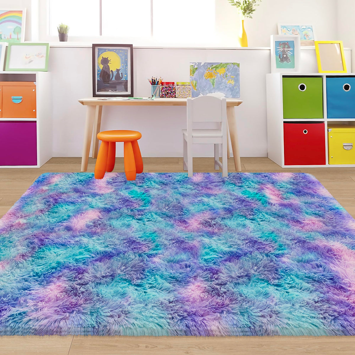 JiaoBaba Rainbow Tie-Dye Fluffy Area Rug for Kids