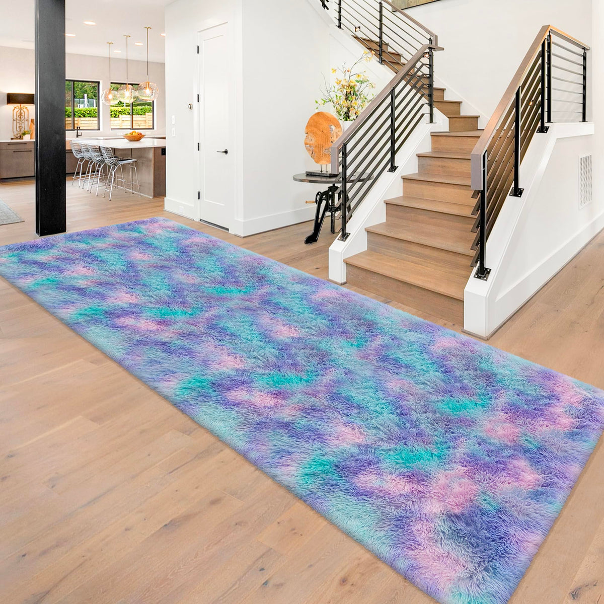 JiaoBaba Rainbow Tie-Dye Fluffy Area Rug for Kids
