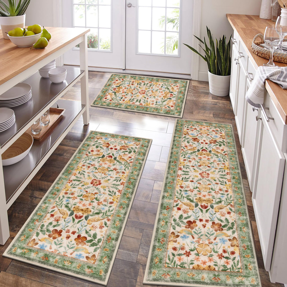 HEBE Boho Non-Slip Washable Kitchen Rugs, 3-Piece Set