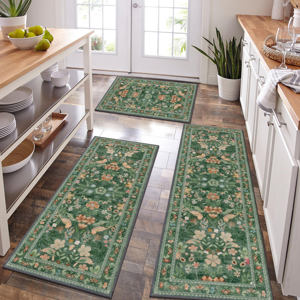 HEBE Boho Non-Slip Washable Kitchen Rugs, 3-Piece Set