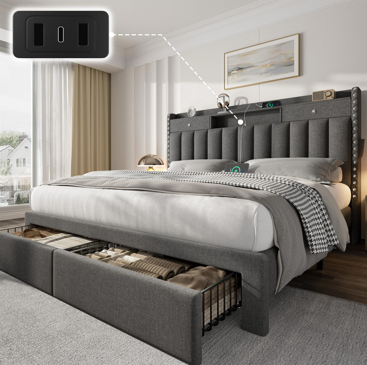 CypBed Bed Frame with 2 Tier Storage Headboard, Upholstered King Bed Frame with 4-Storage Drawers, 3 USB & Type-C Charging Ports, Solid Wood Slats, No Box Spring Needed, Noise-Free,