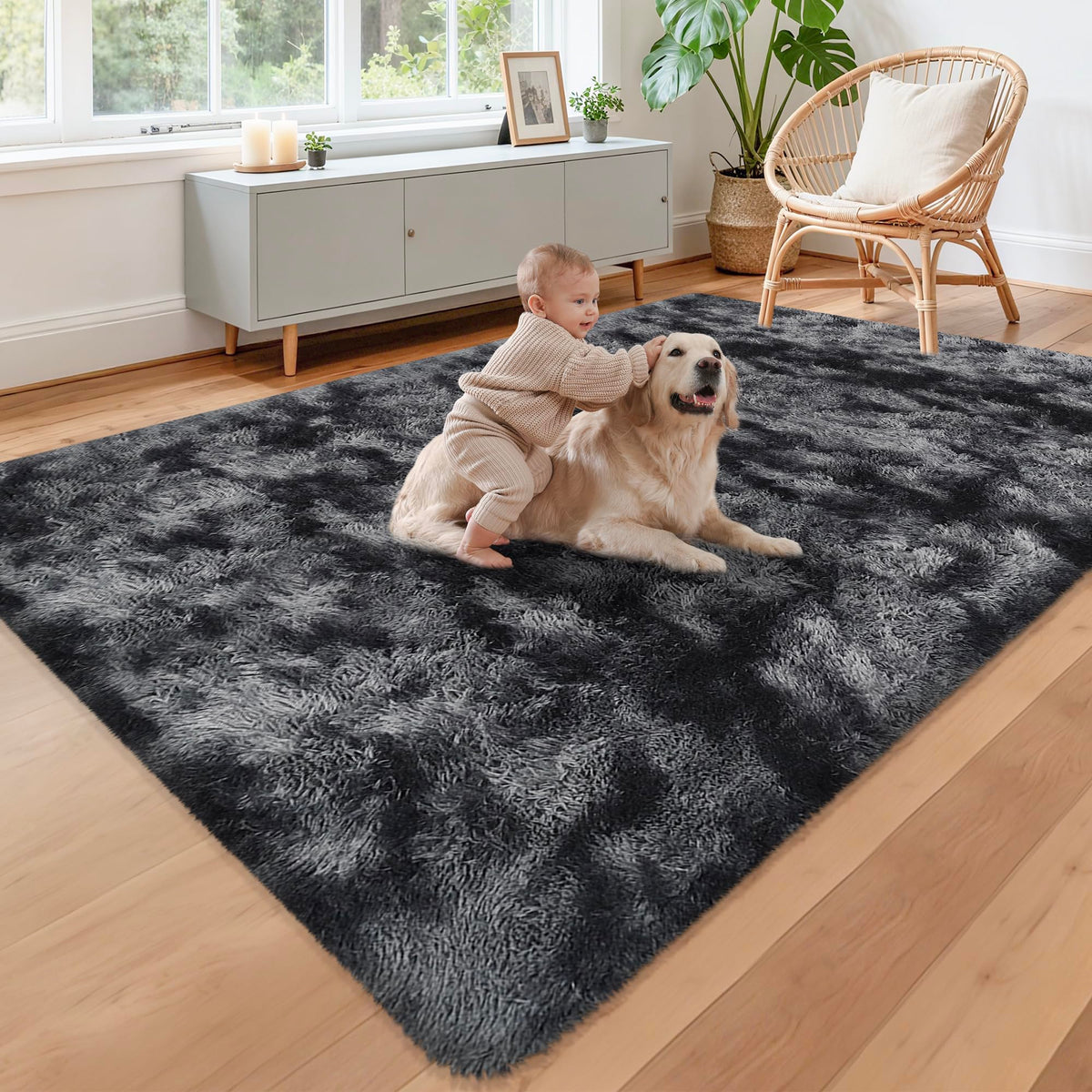 JiaoBaba Rainbow Tie-Dye Fluffy Area Rug for Kids