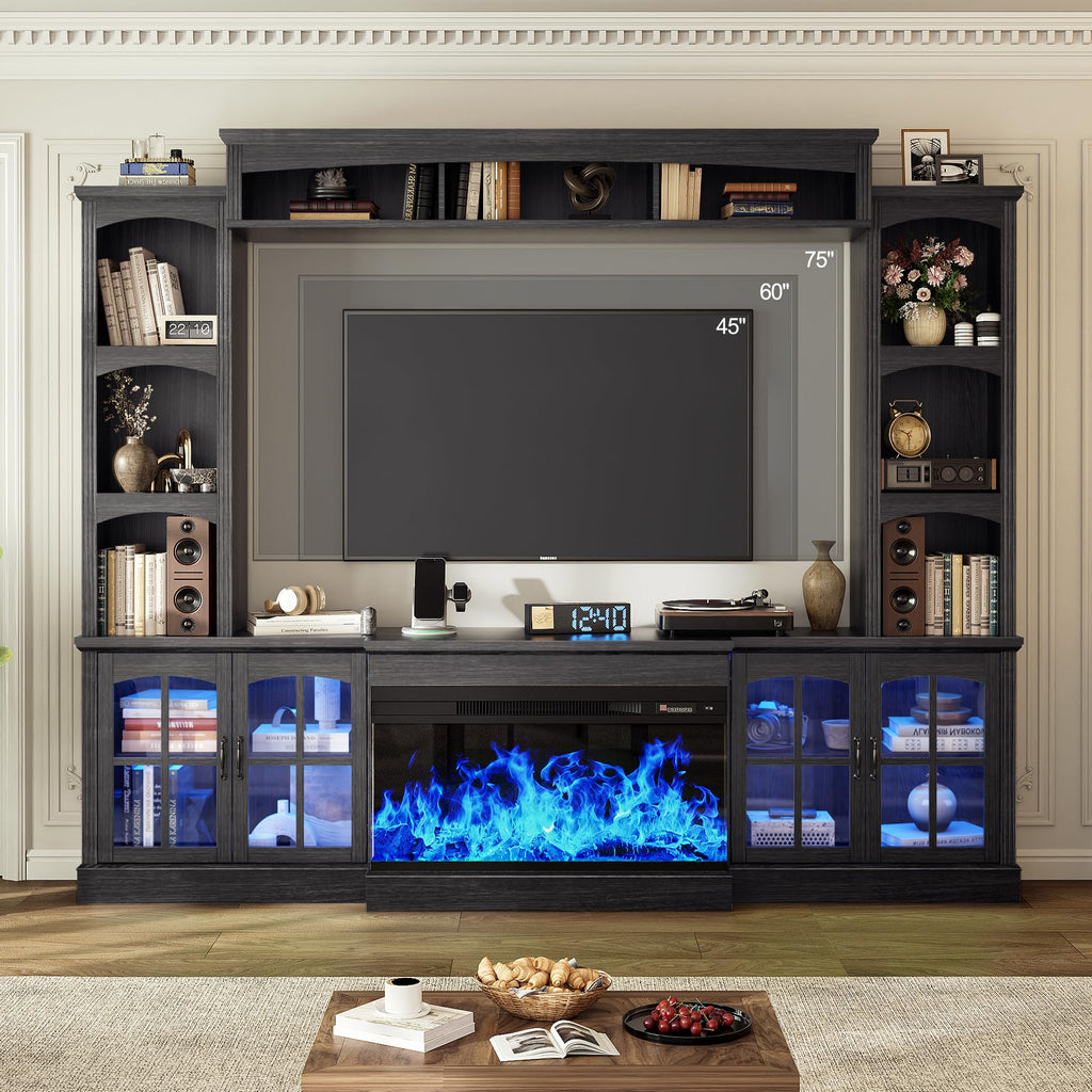 OneBlis 98" Farmhouse TV Stand with 36" Electric Fireplace, Bookshelves, Fits 75" TVs, Entertainment Center with Storage Cabinet, Large Wall Unit Media Console for Living Room, White