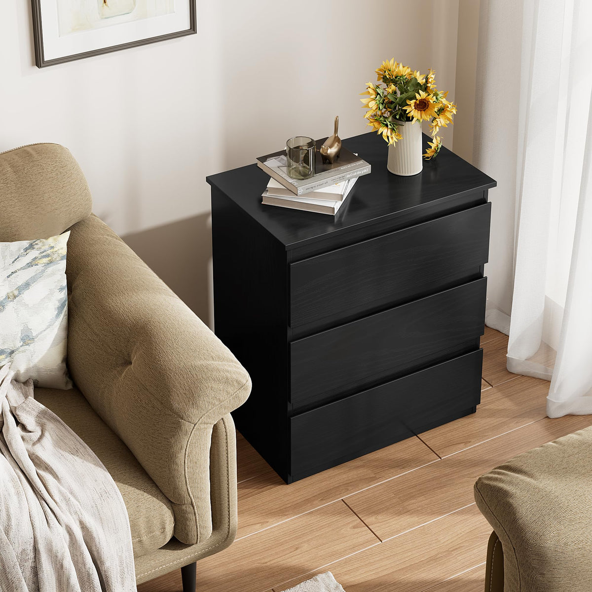 Bamjoy Nightstand with 3 Drawers, Beside Table with Drawers for Bedroom, Small Side Table Storage Cabinet 3 Drawer Night Stand for Home Office
