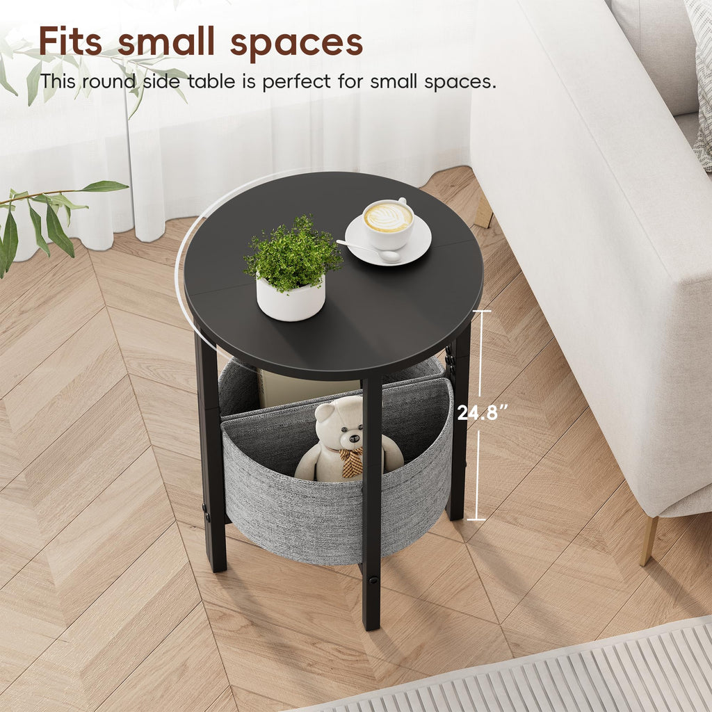 VAGUSICC Side Table, Small Round End Table with Fabric Basket, Set of 2 Half Round Side Table Half Moon Tables, Round Accent Coffee Table, Tea Sofa Table Nightstand for Living Room Bedroom Small Space