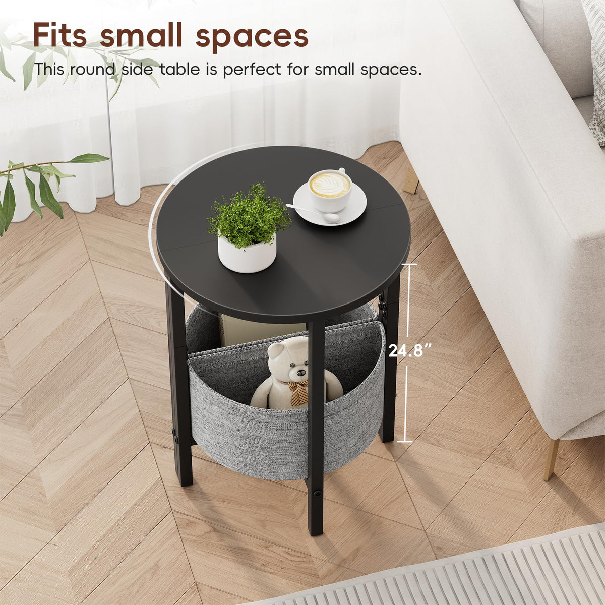 VAGUSICC Side Table, Small Round End Table with Fabric Basket, Set of 2 Half Round Side Table Half Moon Tables, Round Accent Coffee Table, Tea Sofa Table Nightstand for Living Room Bedroom Small Space