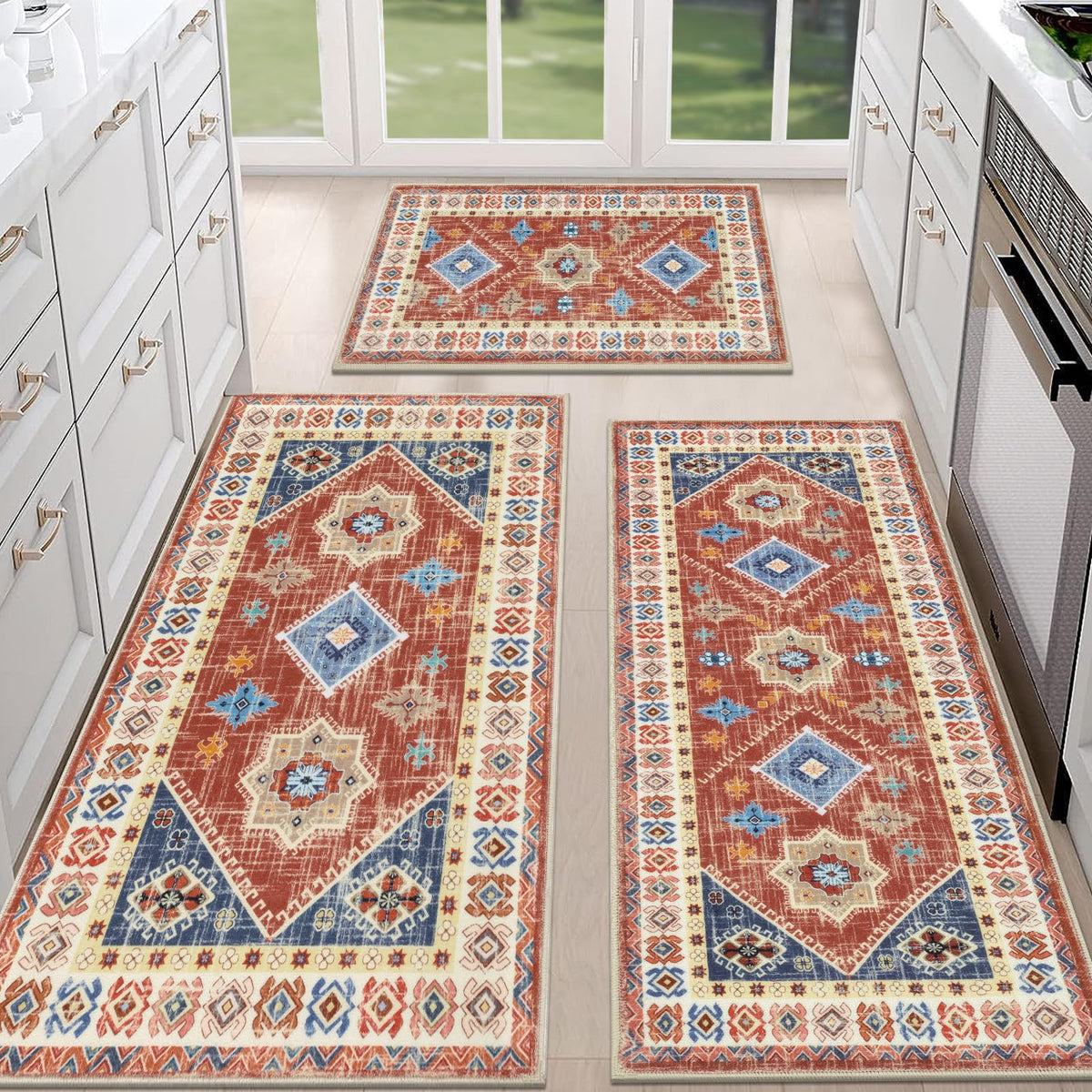 HEBE Boho Non-Slip Washable Kitchen Rugs, 3-Piece Set