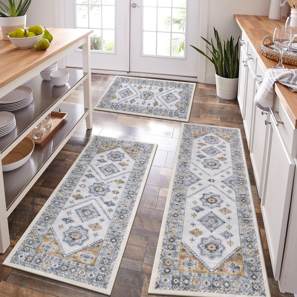 HEBE Boho Non-Slip Washable Kitchen Rugs, 3-Piece Set
