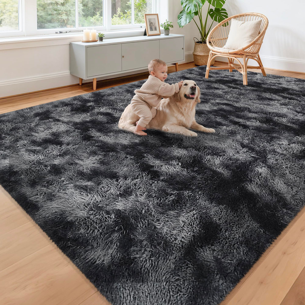 JiaoBaba Rainbow Tie-Dye Fluffy Area Rug for Kids