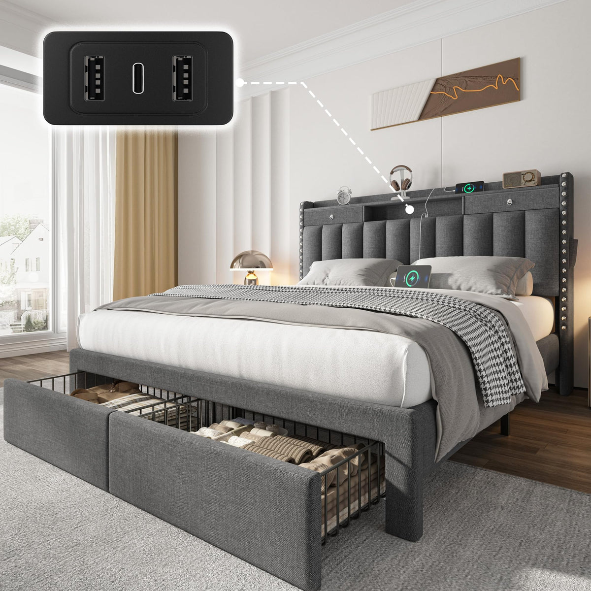 CypBed Bed Frame with 2 Tier Storage Headboard, Upholstered King Bed Frame with 4-Storage Drawers, 3 USB & Type-C Charging Ports, Solid Wood Slats, No Box Spring Needed, Noise-Free,