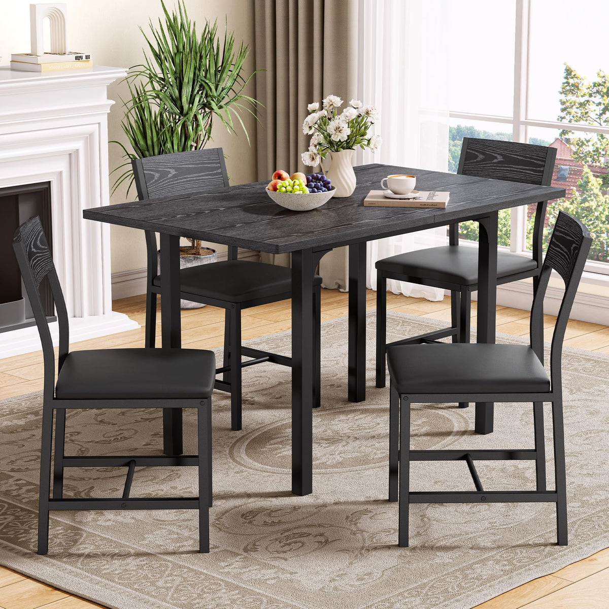 IRONCK 5-Piece Dining Table Set for 4, Extendable Kitchen Table Chairs Set of 4, Dining Room Table with 4 Upholstered Chairs, Folding for Small Space, Apartment