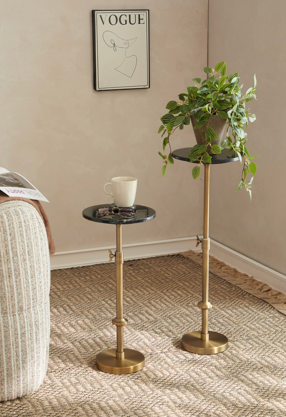 Adjustable 10" White Marble Drink Table with 2 Coasters, Antique Brass⁠