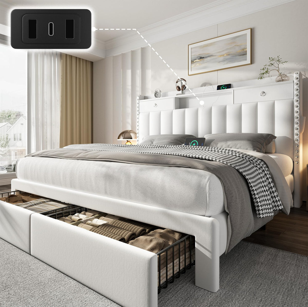 CypBed Bed Frame with 2 Tier Storage Headboard, Upholstered King Bed Frame with 4-Storage Drawers, 3 USB & Type-C Charging Ports, Solid Wood Slats, No Box Spring Needed, Noise-Free,