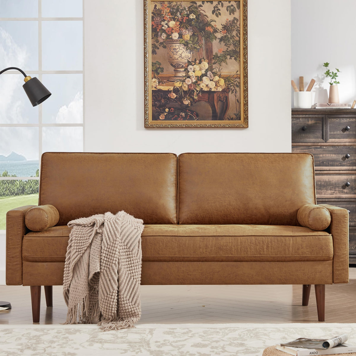 HIFIT 58" Loveseat Sofa Couch, Mid Century Modern Faux Leather Couch, Brown