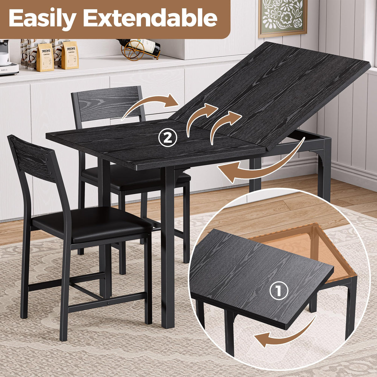 IRONCK 5-Piece Dining Table Set for 4, Extendable Kitchen Table Chairs Set of 4, Dining Room Table with 4 Upholstered Chairs, Folding for Small Space, Apartment