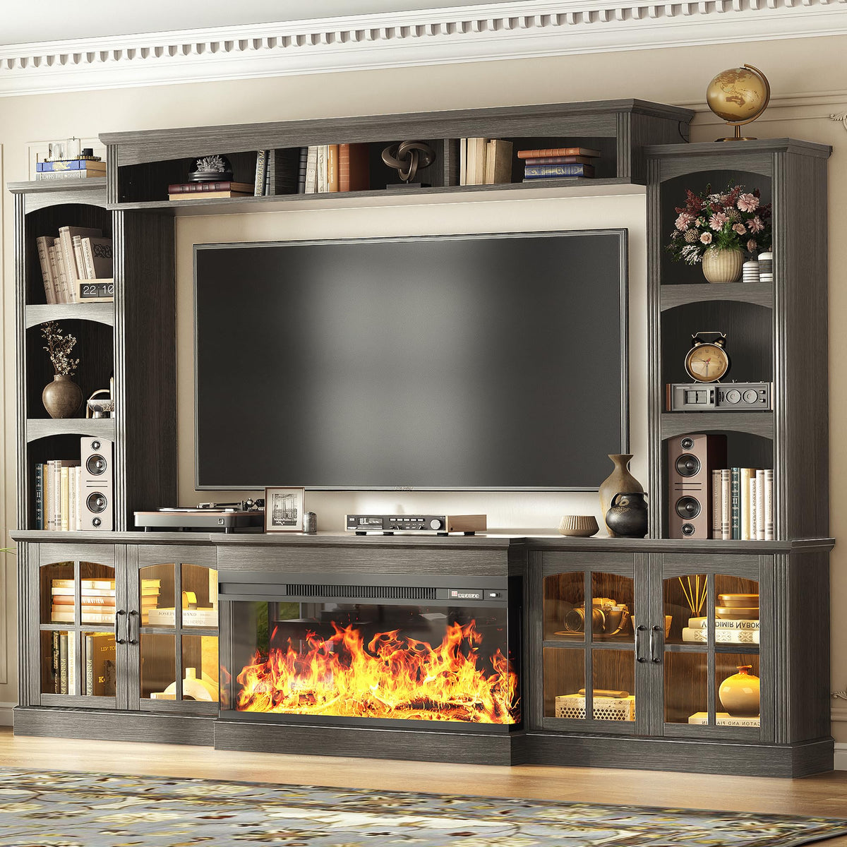 OneBlis 98" Farmhouse TV Stand with 36" Electric Fireplace, Bookshelves, Fits 75" TVs, Entertainment Center with Storage Cabinet, Large Wall Unit Media Console for Living Room, White