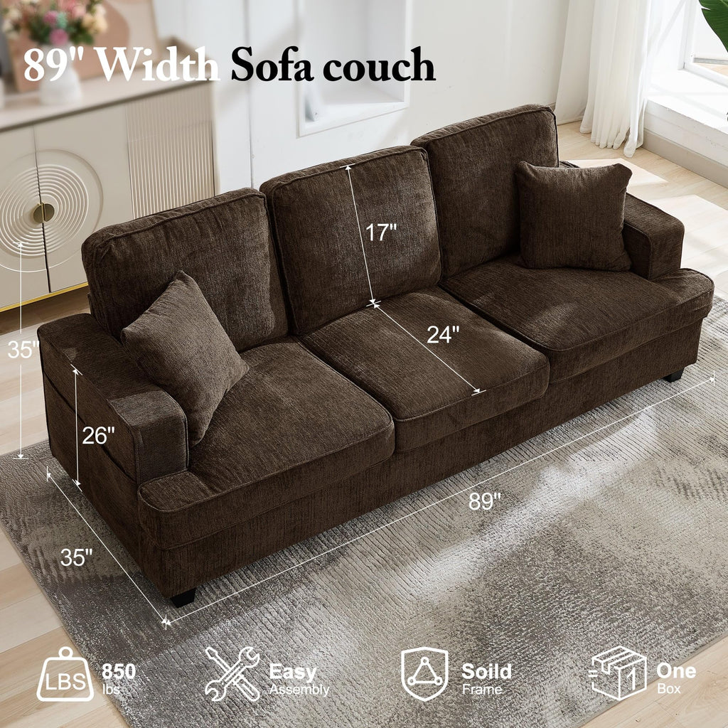 Korser 89" Couches for Living Room with Deep Seats, 3 Seater Sofa Couch, Mid Century Modern Chenille Sofa with Armrests, Upholstered Comfy Sofas for Living Room, Bedroom, Apartment, Office