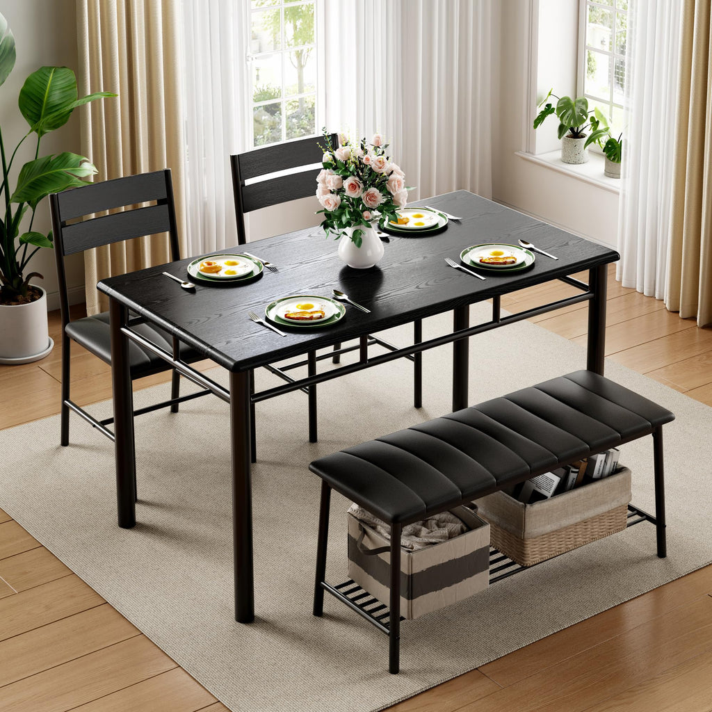IRONCK Dining Table Set for 4, Kitchen Table with Upholstered Bench and 2 Chairs, Kitchen Table and Chairs Set for Small Space, Apartment