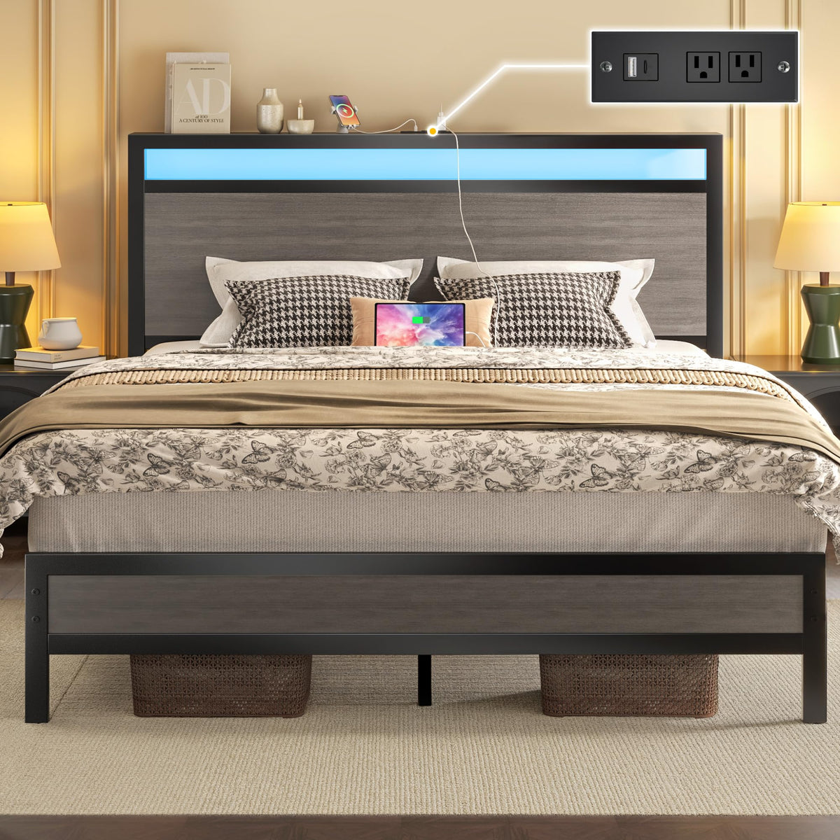 Fluest Bed Frame with Headboard, Metal Platform Bed Frame with High Bookcase Headboard, 4 Storage Drawers & Charging Station & LED, Noise-Free, NO Box Spring Needed