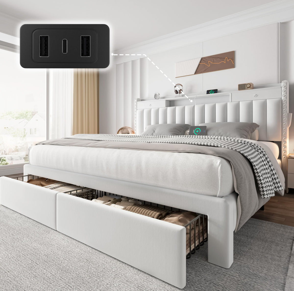 CypBed Bed Frame with 2 Tier Storage Headboard, Upholstered King Bed Frame with 4-Storage Drawers, 3 USB & Type-C Charging Ports, Solid Wood Slats, No Box Spring Needed, Noise-Free,