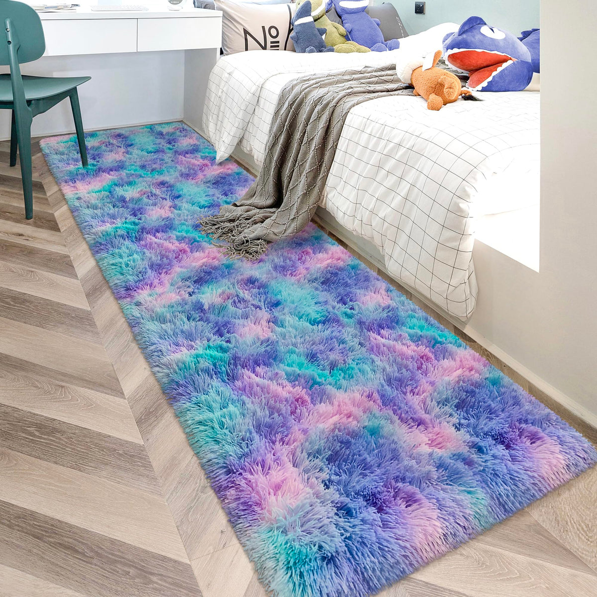JiaoBaba Rainbow Tie-Dye Fluffy Area Rug for Kids