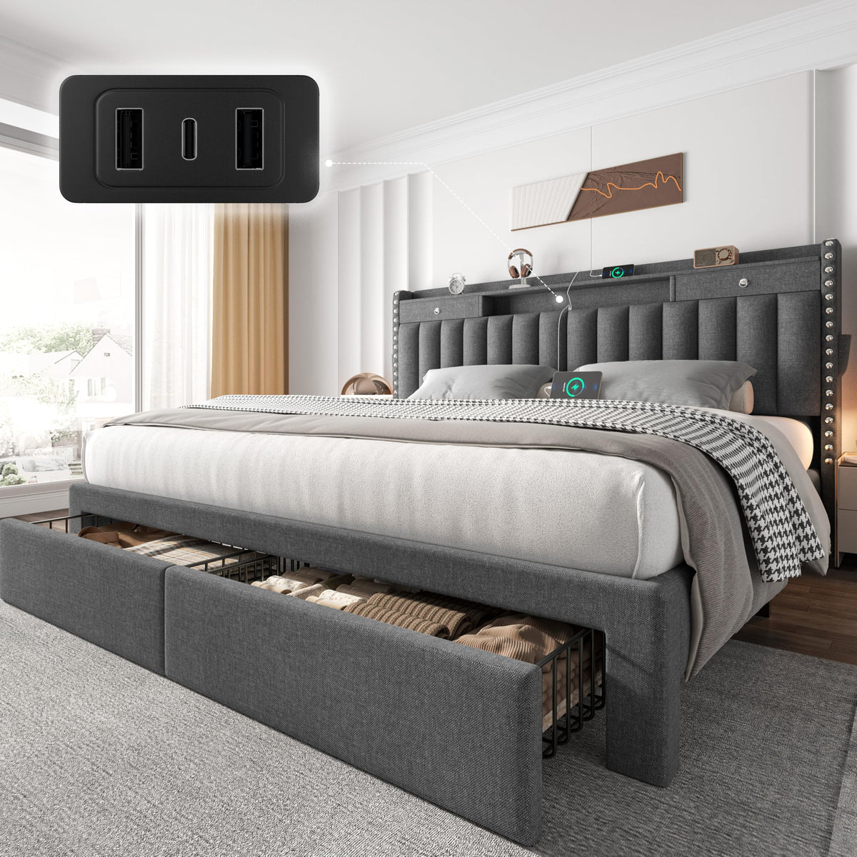 CypBed Bed Frame with 2 Tier Storage Headboard, Upholstered King Bed Frame with 4-Storage Drawers, 3 USB & Type-C Charging Ports, Solid Wood Slats, No Box Spring Needed, Noise-Free,