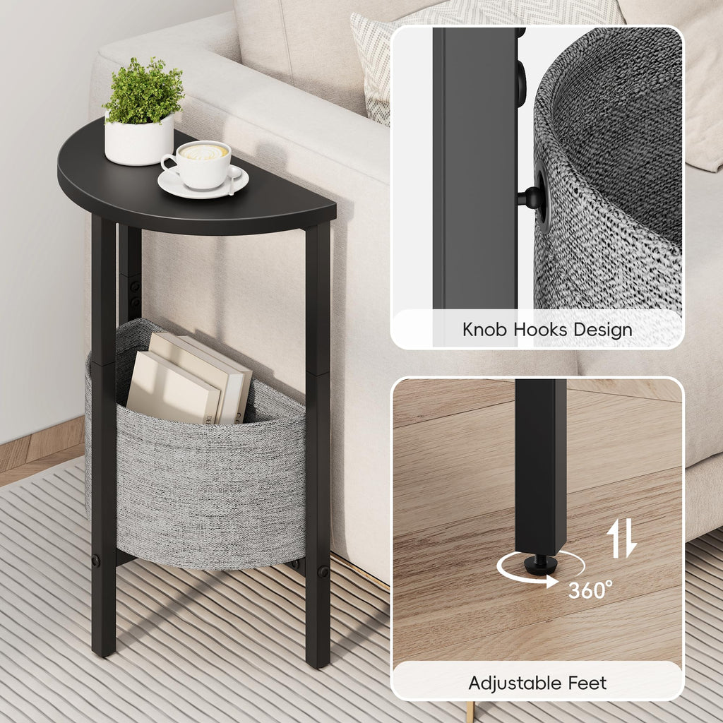 VAGUSICC Side Table, Small Round End Table with Fabric Basket, Set of 2 Half Round Side Table Half Moon Tables, Round Accent Coffee Table, Tea Sofa Table Nightstand for Living Room Bedroom Small Space