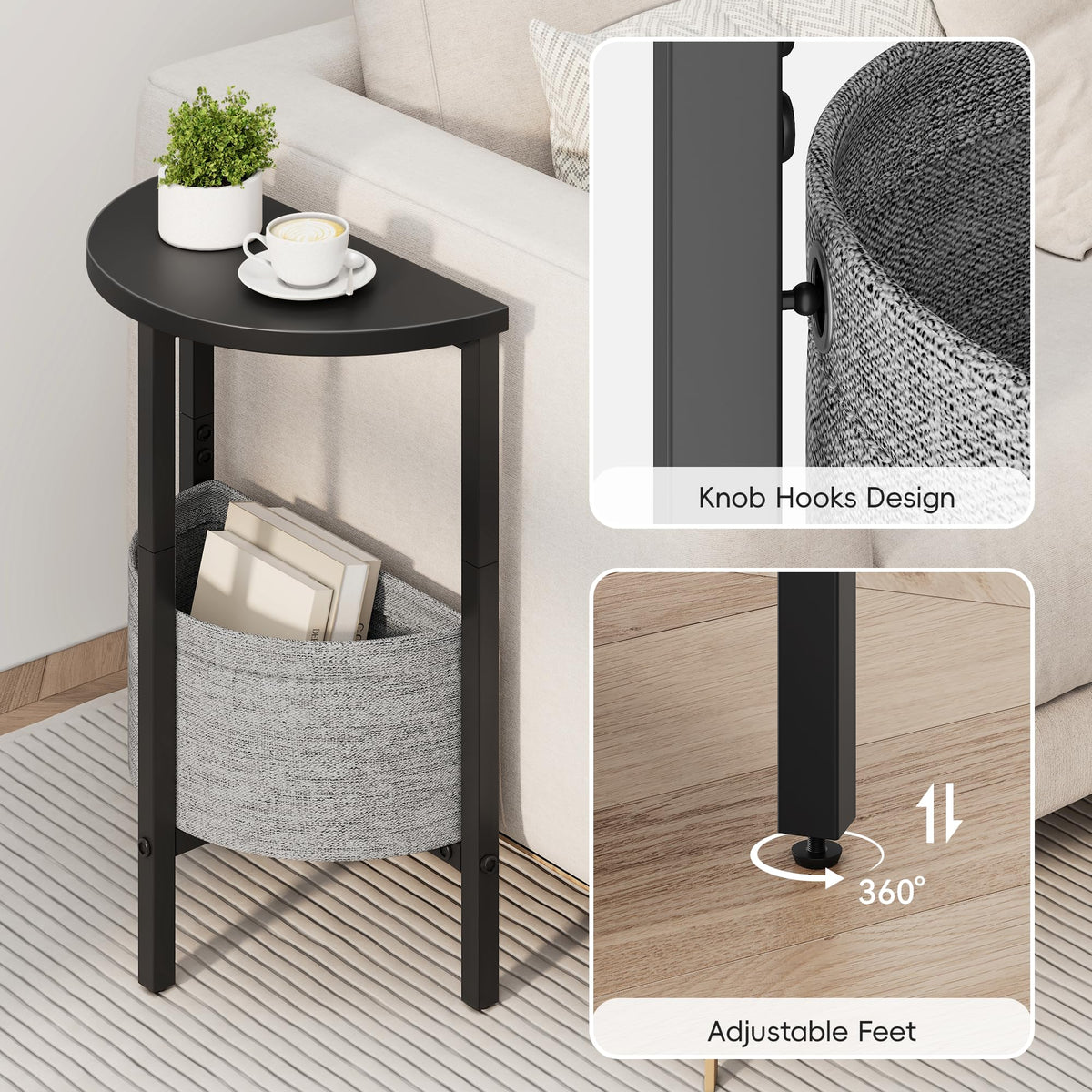 VAGUSICC Side Table, Small Round End Table with Fabric Basket, Set of 2 Half Round Side Table Half Moon Tables, Round Accent Coffee Table, Tea Sofa Table Nightstand for Living Room Bedroom Small Space