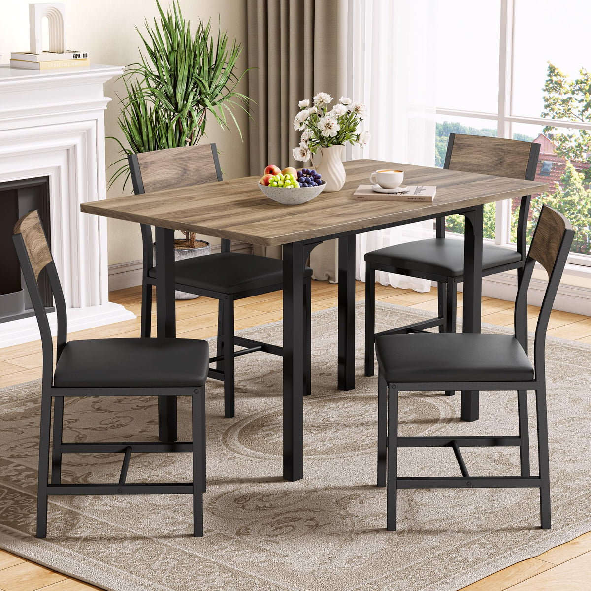 IRONCK 5-Piece Dining Table Set for 4, Extendable Kitchen Table Chairs Set of 4, Dining Room Table with 4 Upholstered Chairs, Folding for Small Space, Apartment