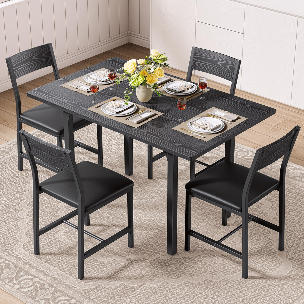 IRONCK 5-Piece Dining Table Set for 4, Extendable Kitchen Table Chairs Set of 4, Dining Room Table with 4 Upholstered Chairs, Folding for Small Space, Apartment