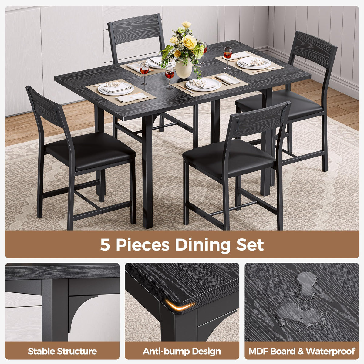 IRONCK 5-Piece Dining Table Set for 4, Extendable Kitchen Table Chairs Set of 4, Dining Room Table with 4 Upholstered Chairs, Folding for Small Space, Apartment
