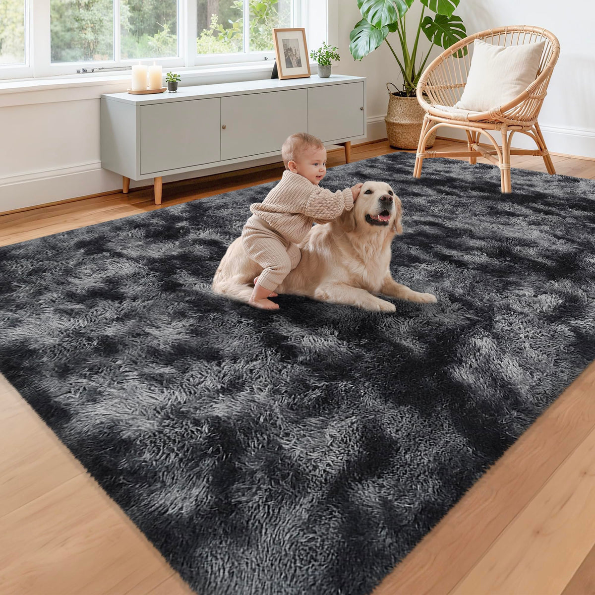 JiaoBaba Rainbow Tie-Dye Fluffy Area Rug for Kids