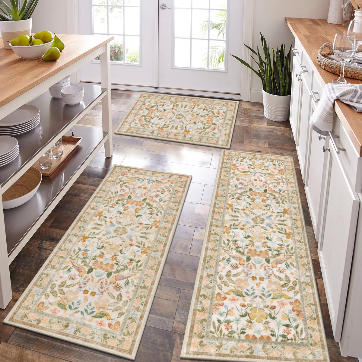 HEBE Boho Non-Slip Washable Kitchen Rugs, 3-Piece Set